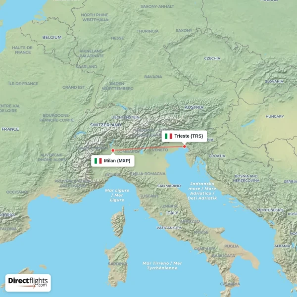 Trieste - Milan direct flight map