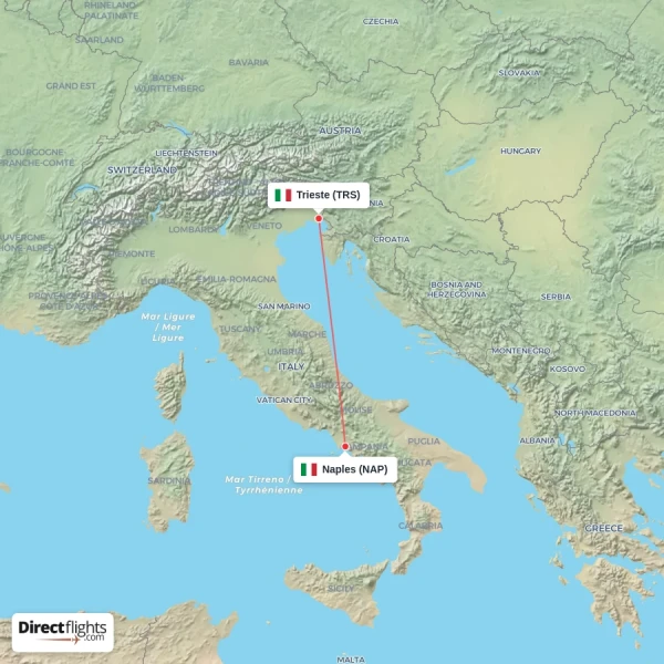 Trieste - Naples direct flight map