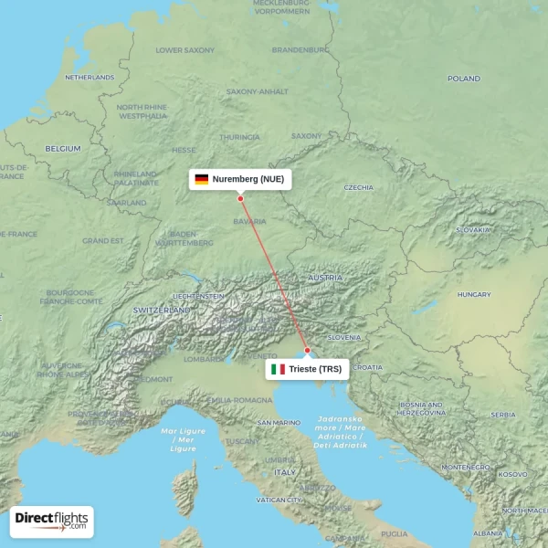 Trieste - Nuremberg direct flight map