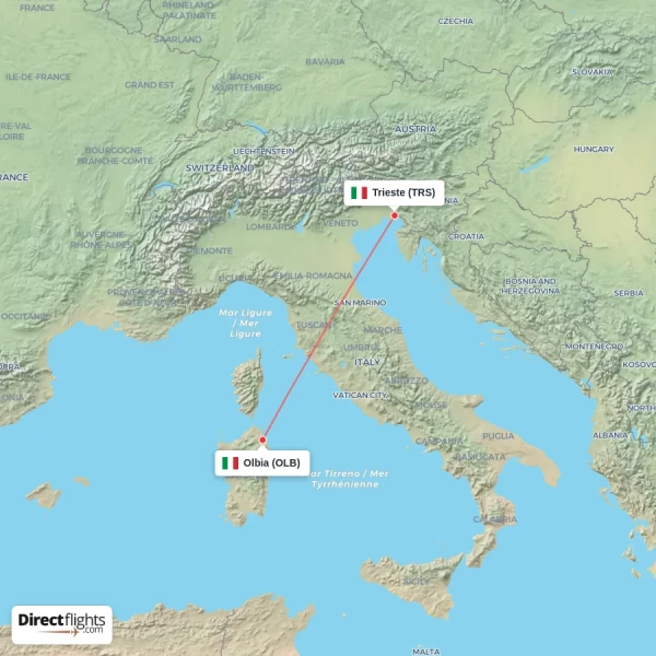 Trieste - Olbia direct flight map