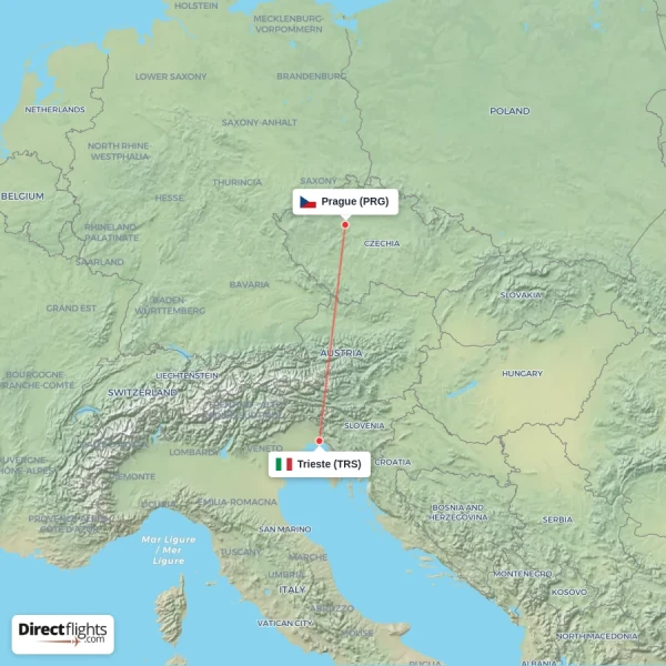 Trieste - Prague direct flight map