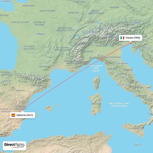 Trieste - Valencia direct flight map