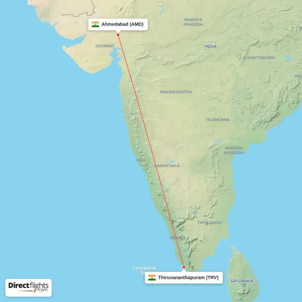 Thiruvananthapuram - Ahmedabad direct flight map