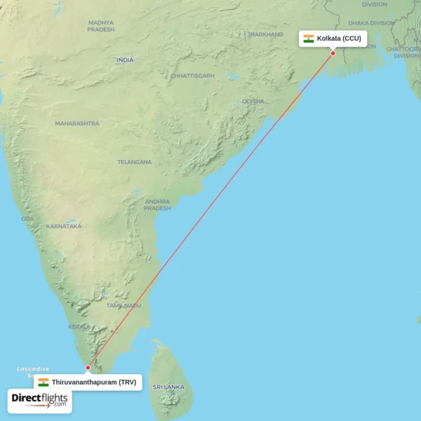 Thiruvananthapuram - Kolkata direct flight map