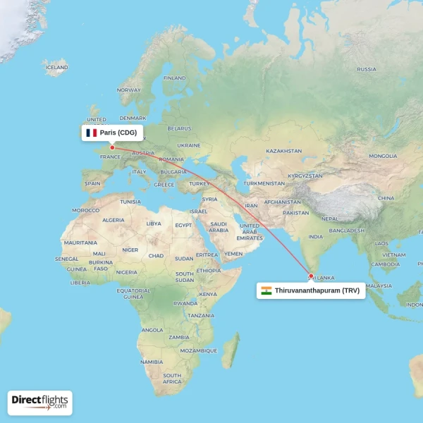 Thiruvananthapuram - Paris direct flight map