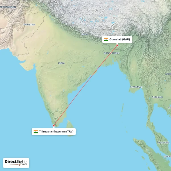 Thiruvananthapuram - Guwahati direct flight map
