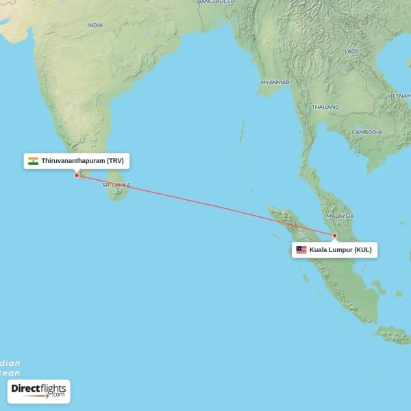 Thiruvananthapuram - Kuala Lumpur direct flight map