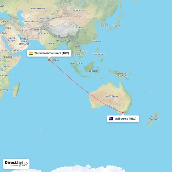 Thiruvananthapuram - Melbourne direct flight map
