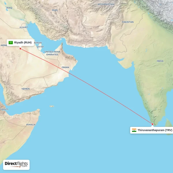 Thiruvananthapuram - Riyadh direct flight map