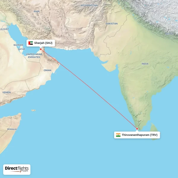 Thiruvananthapuram - Sharjah direct flight map