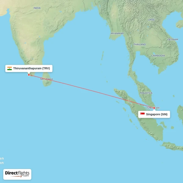 Thiruvananthapuram - Singapore direct flight map