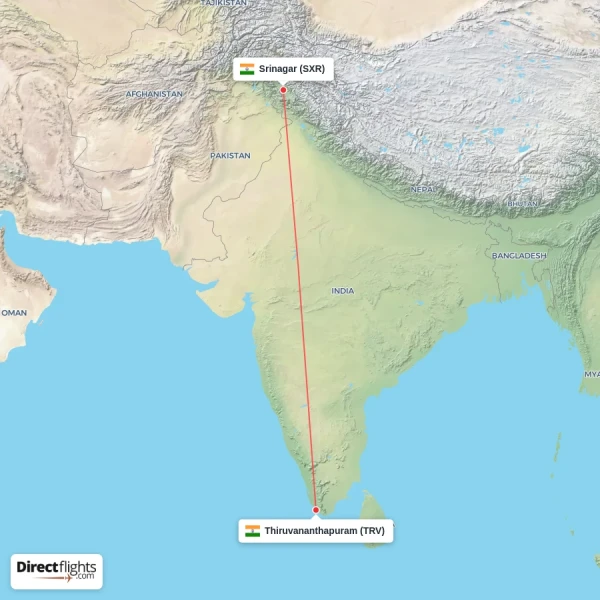 Thiruvananthapuram - Srinagar direct flight map