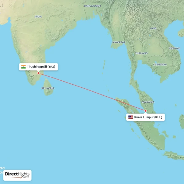 Tiruchirappalli - Kuala Lumpur direct flight map