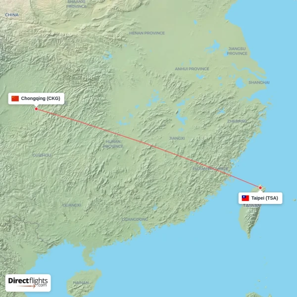 Taipei - Chongqing direct flight map