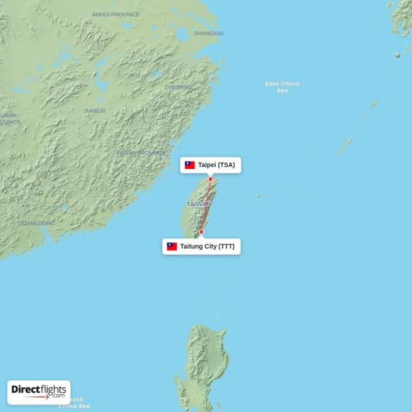 Taipei - Taitung City direct flight map