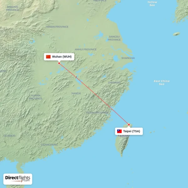 Taipei - Wuhan direct flight map