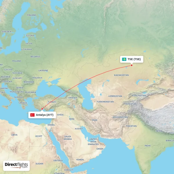 TSE - Antalya direct flight map