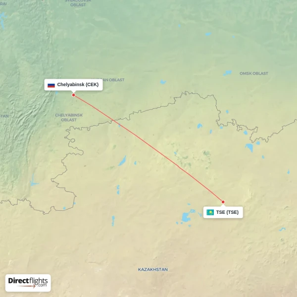 TSE - Chelyabinsk direct flight map