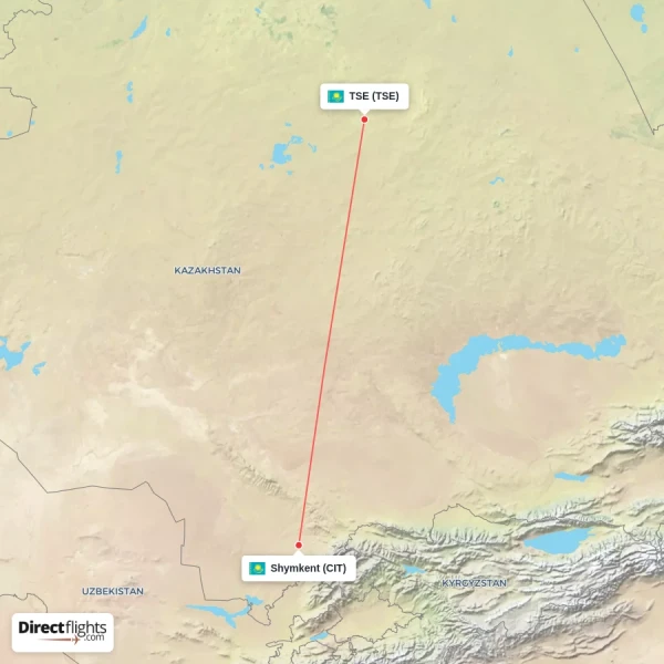 TSE - Shymkent direct flight map