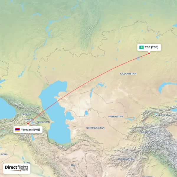TSE - Yerevan direct flight map