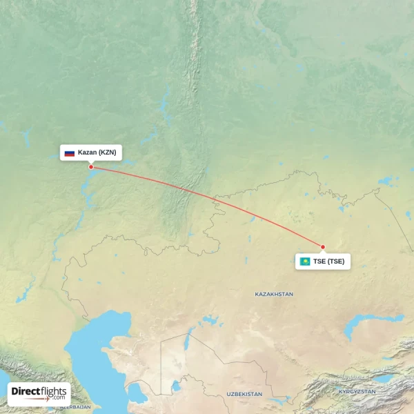 TSE - Kazan direct flight map