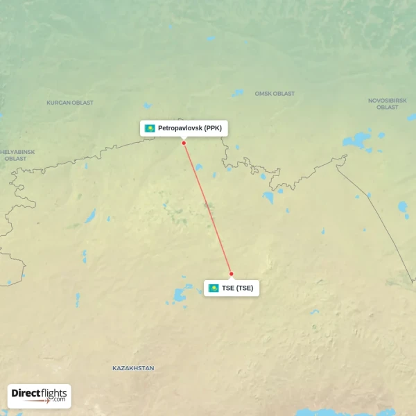TSE - Petropavlovsk direct flight map
