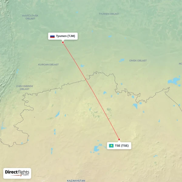 TSE - Tyumen direct flight map