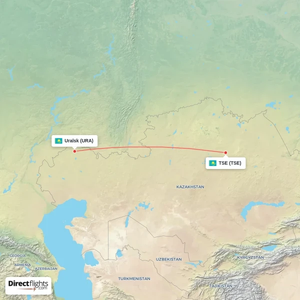 TSE - Uralsk direct flight map