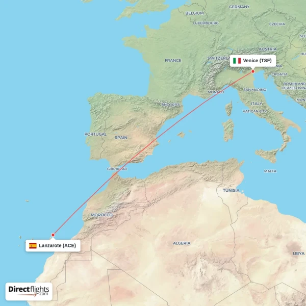 Venice - Lanzarote direct flight map