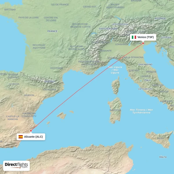 Venice - Alicante direct flight map