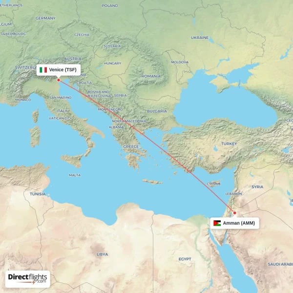 Venice - Amman direct flight map