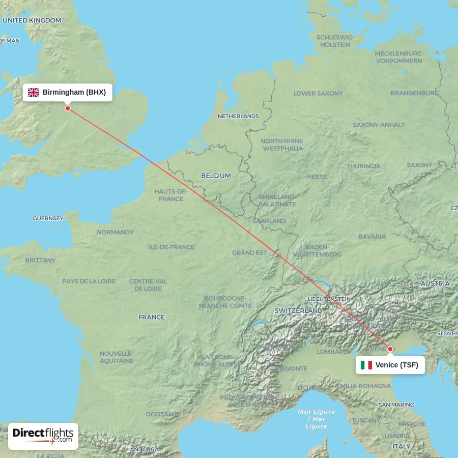 TSF - BHX route map