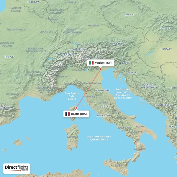 Venice - Bastia direct flight map