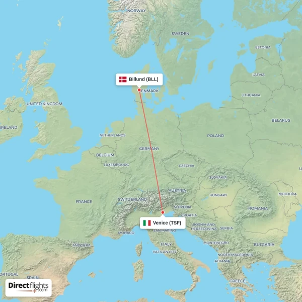 Venice - Billund direct flight map