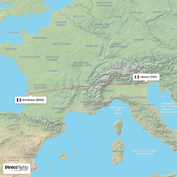 Venice - Bordeaux direct flight map