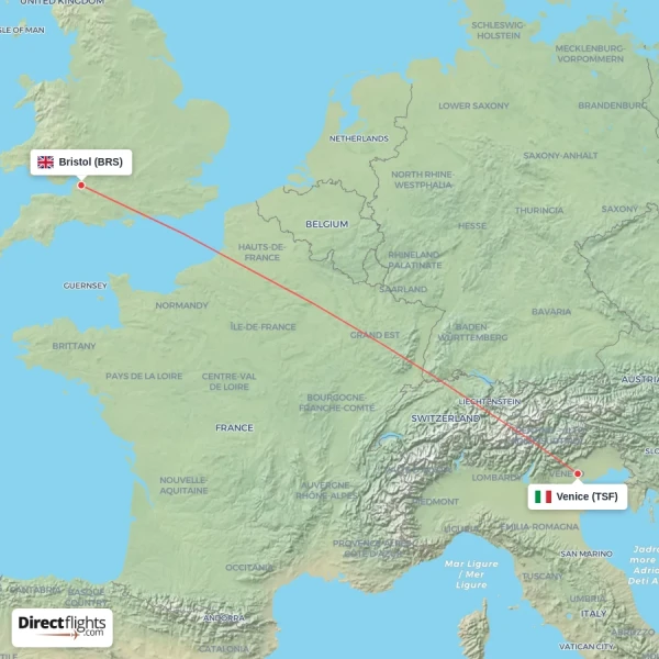 Venice - Bristol direct flight map