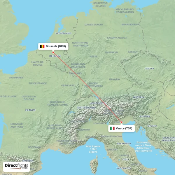 Venice - Brussels direct flight map