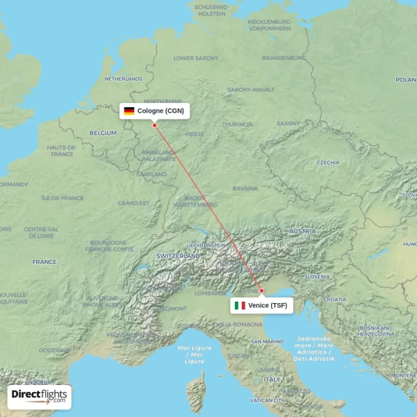 Venice - Cologne direct flight map