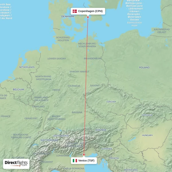 Venice - Copenhagen direct flight map