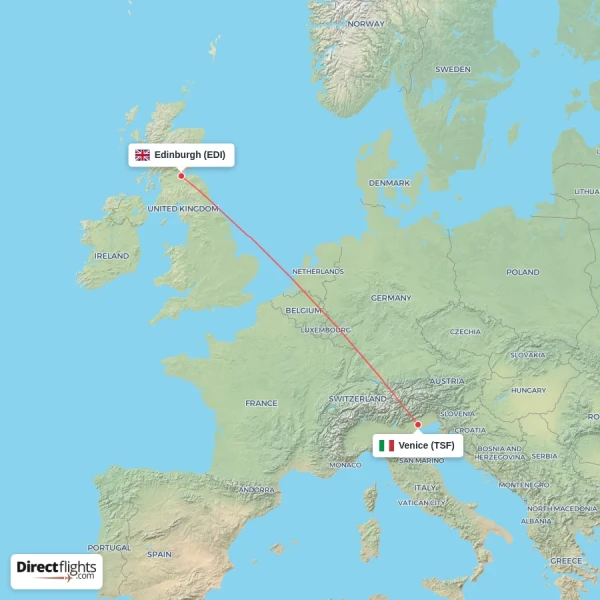Venice - Edinburgh direct flight map