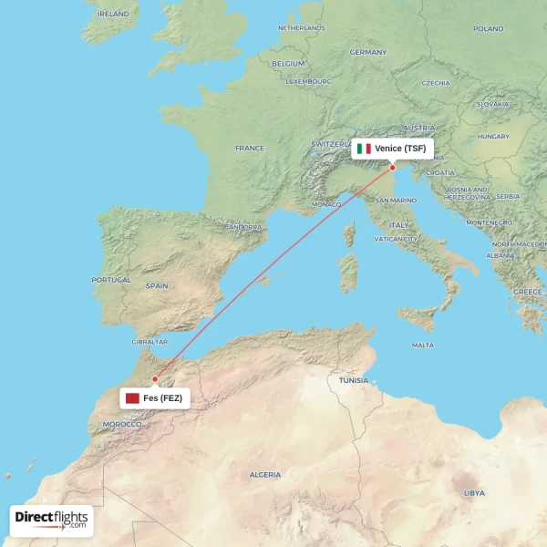 Venice - Fes direct flight map
