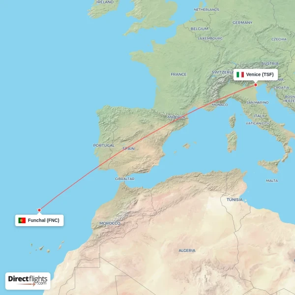 Venice - Funchal direct flight map