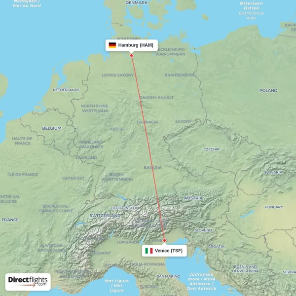 Venice - Hamburg direct flight map