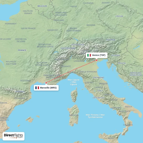 Venice - Marseille direct flight map