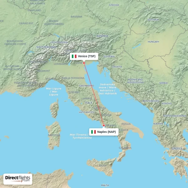 Venice - Naples direct flight map