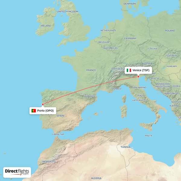 Venice - Porto direct flight map