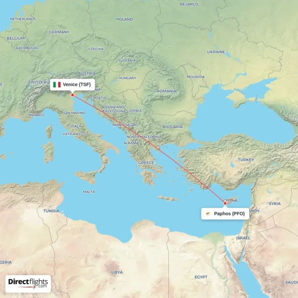 Venice - Paphos direct flight map