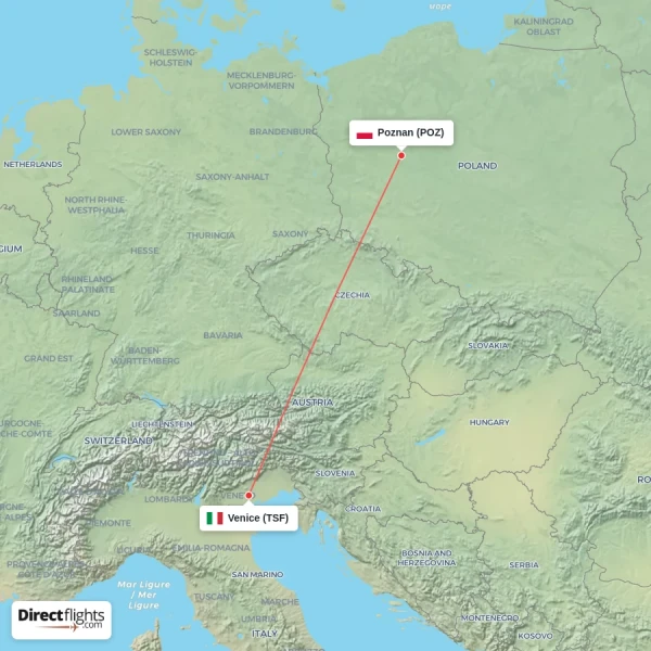 Venice - Poznan direct flight map