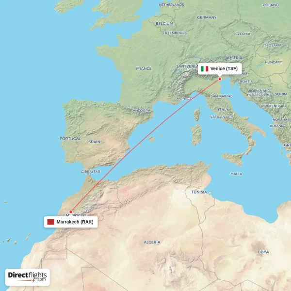 Venice - Marrakech direct flight map