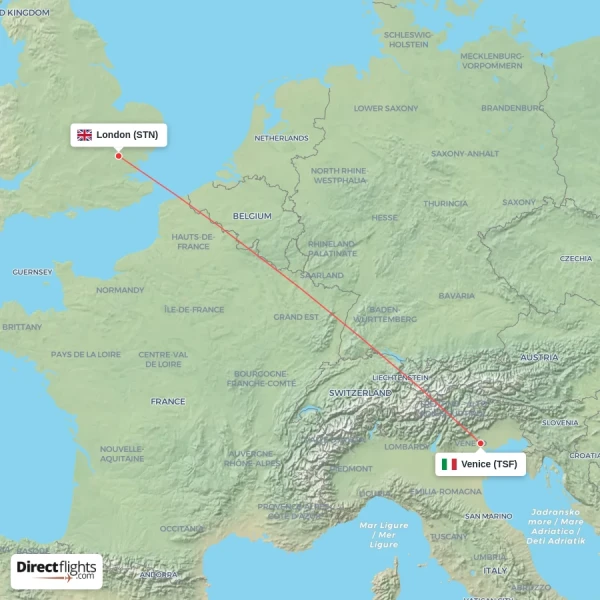 Venice - London direct flight map